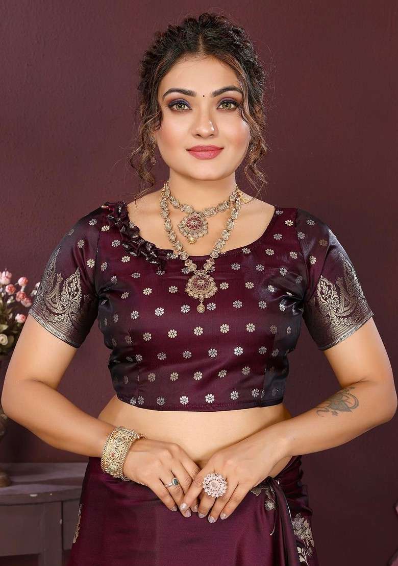 Maroon Zari Printed Blended Saree Set for Diwali and Festive Wear - Indya