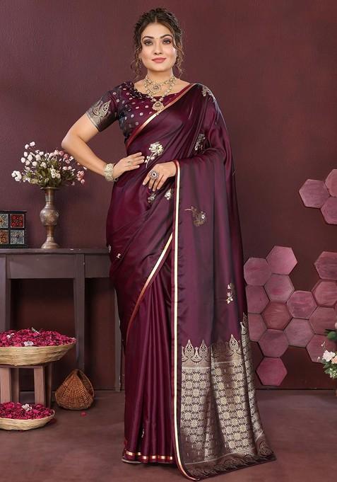 Maroon Zari Printed Blended Saree Set