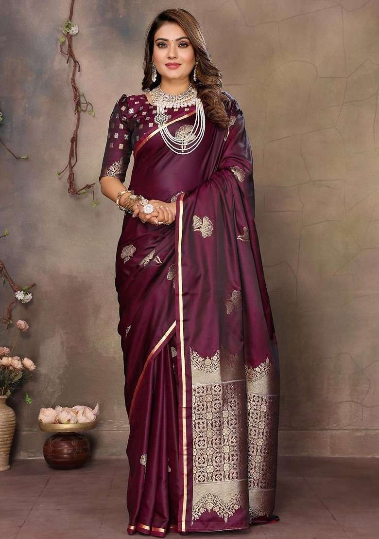 Maroon Zari Printed Blended Saree Set for Diwali and Festive Wear - Indya