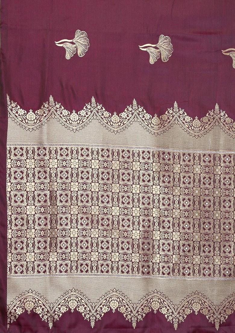 Maroon Zari Printed Blended Saree Set - Indya