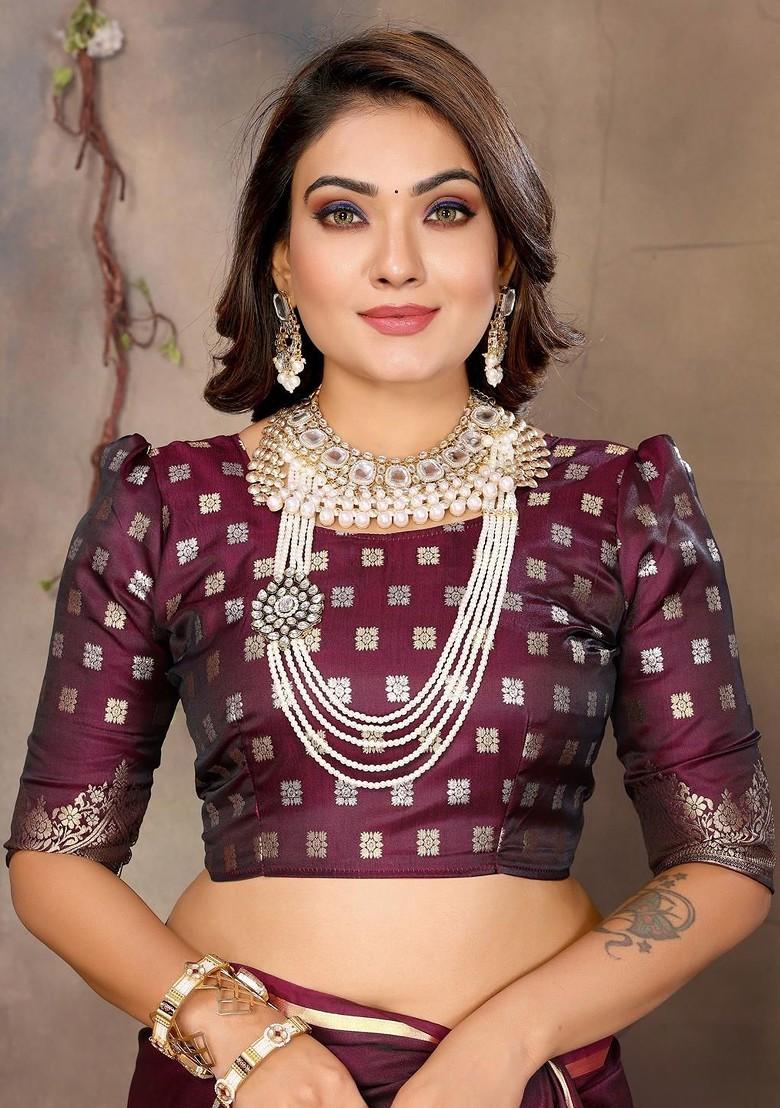 Maroon Zari Printed Blended Saree Set - Indya