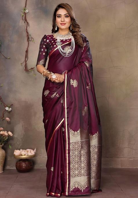 Maroon Zari Printed Blended Saree Set