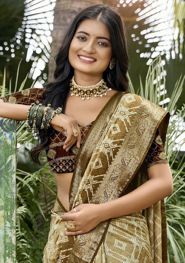 Olive Zari Printed Blended Saree Set - Indya