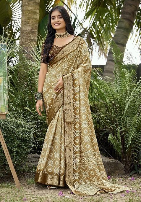 Olive Zari Printed Blended Saree Set
