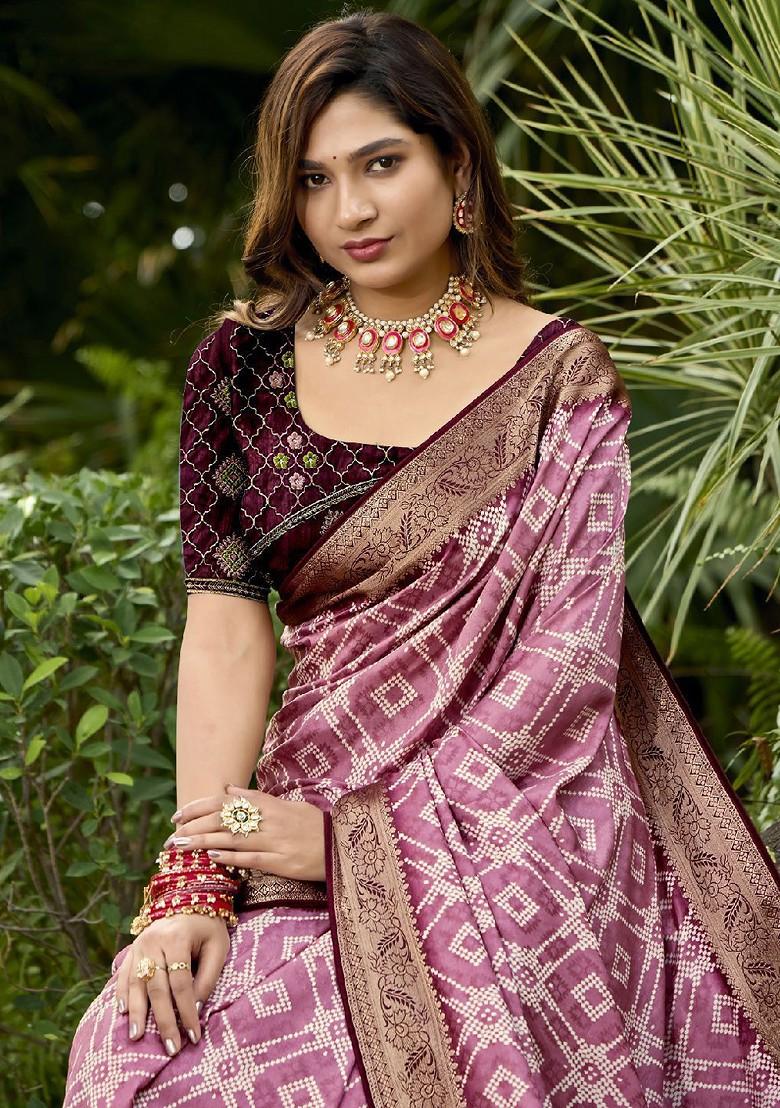 Pink Zari Printed Blended Saree Set - Indya