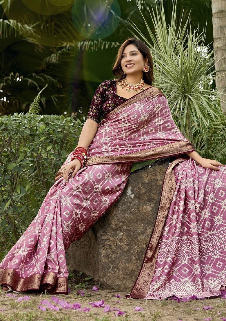 Pink Zari Printed Blended Saree Set - Indya