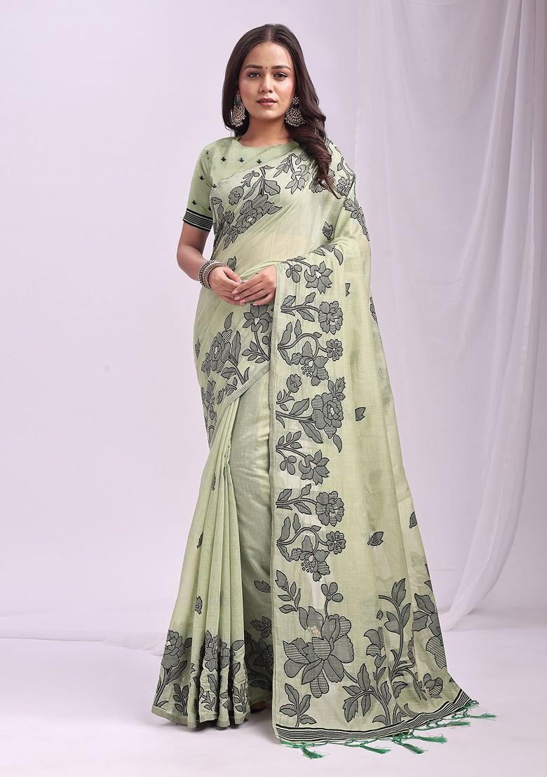 Green Floral Print Blended Saree Set