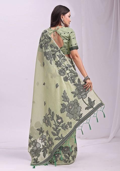 Green Floral Print Blended Saree Set