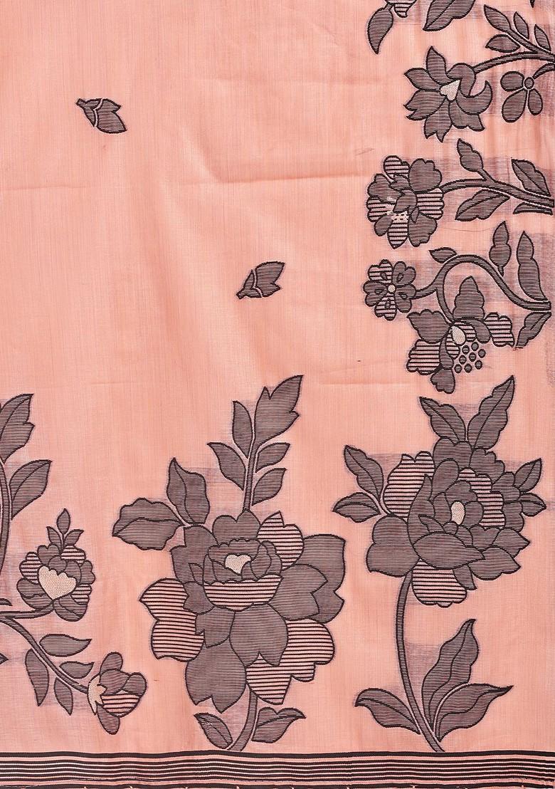 Peach Printed Blended Saree Set - Indya