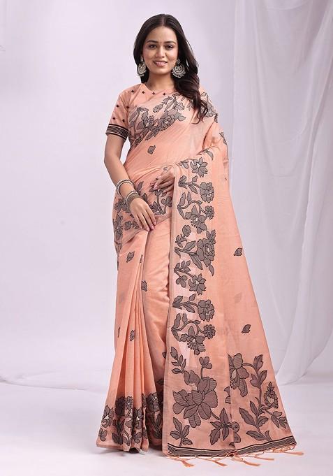 Peach Printed Blended Saree Set — view on Indya