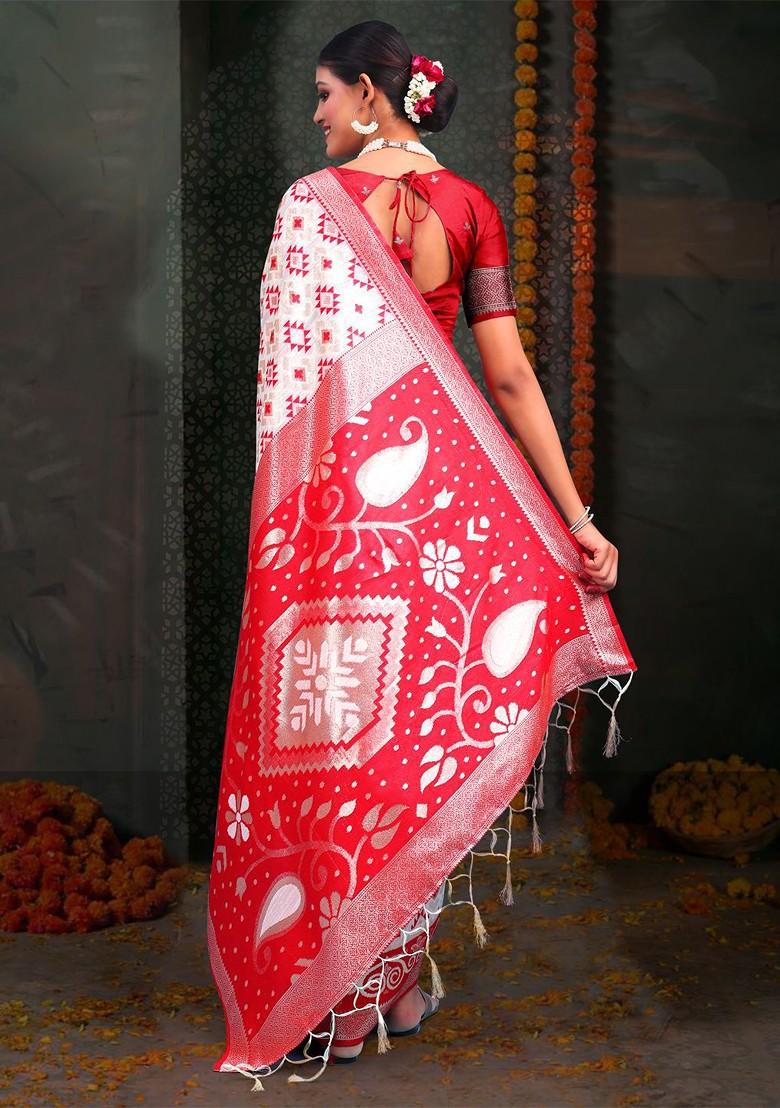 White Printed Blended Saree Set - Indya