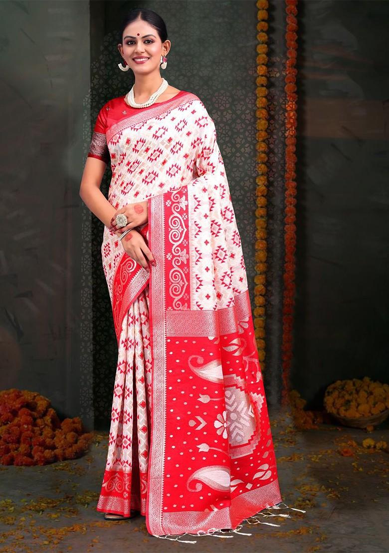 White Printed Blended Saree Set - Indya