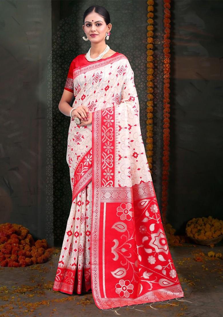White Zari Printed Blended Saree Set - Indya