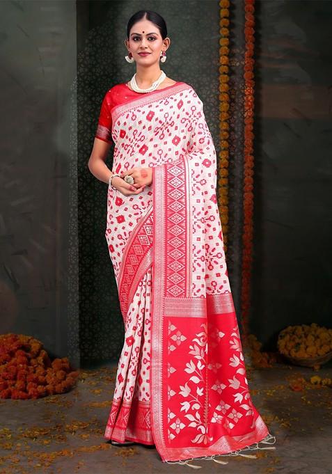White Printed Blended Saree Set