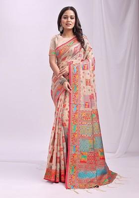 Cream Zari Printed Blended Saree Set
