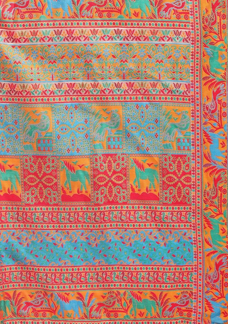 Cream Zari Printed Blended Saree Set - Indya