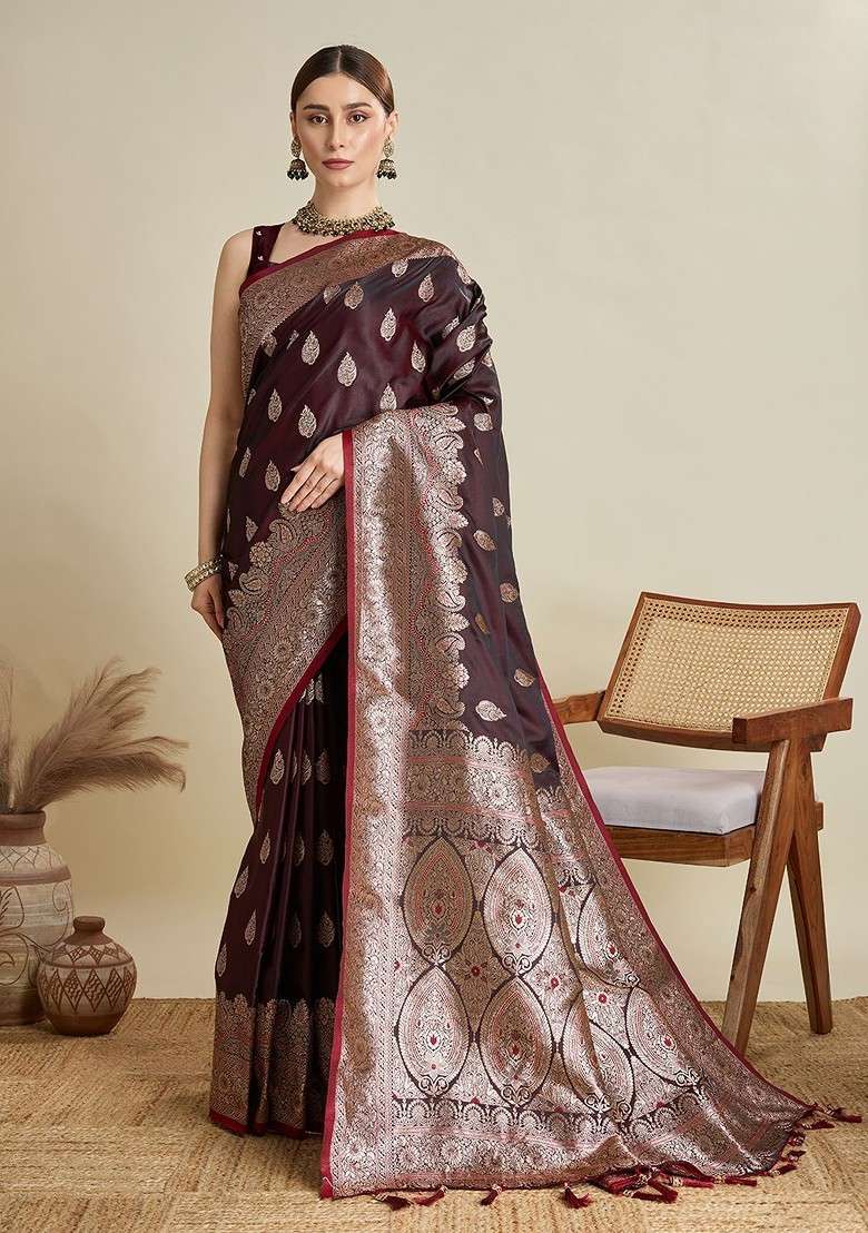 Maroon Zari Printed Blended Saree Set for Diwali and Festive Wear - Indya