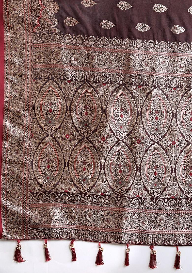 Maroon Zari Printed Blended Saree Set - Indya