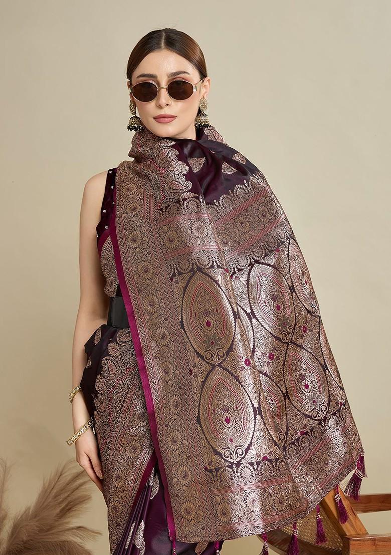 Burgundy Zari Printed Blended Saree Set - Indya