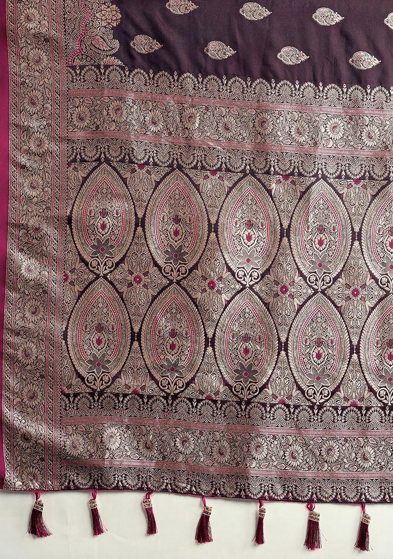 Burgundy Zari Printed Blended Saree Set - Indya