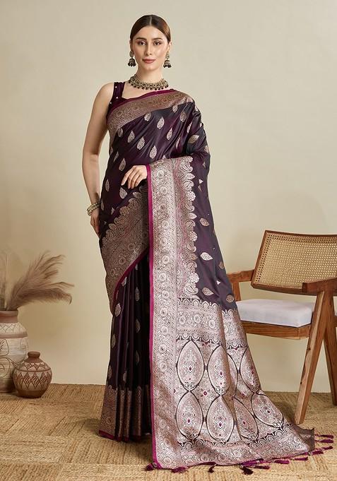Burgundy Zari Printed Blended Saree Set