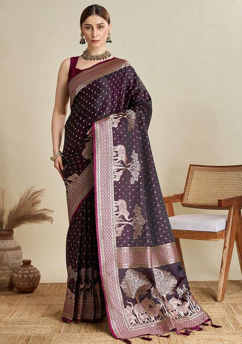 Burgundy Zari Blended Saree Set with Printed for Diwali | Wedding & Festive Wear - Indya