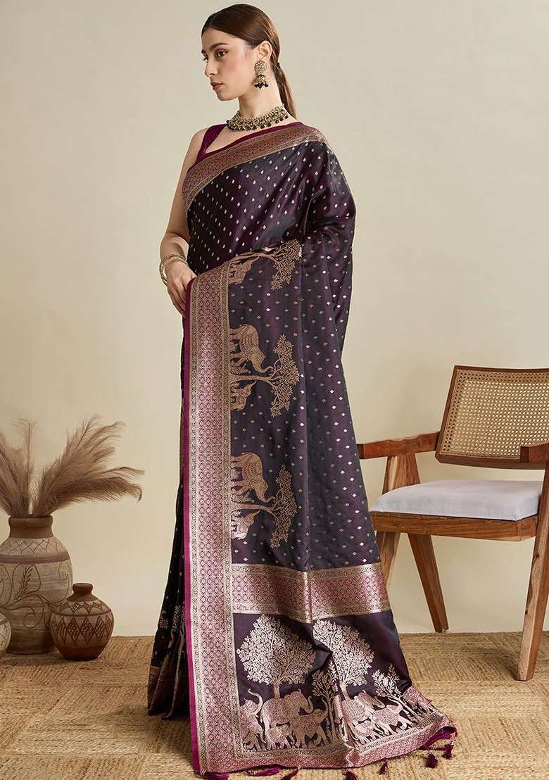 Burgundy Zari Blended Saree Set with Printed for Diwali | Wedding & Festive Wear - Indya