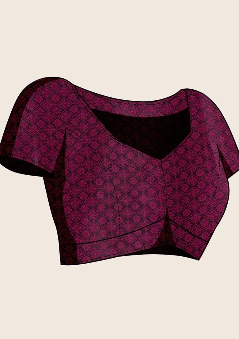 Burgundy Zari Printed Blended Saree Set - Indya