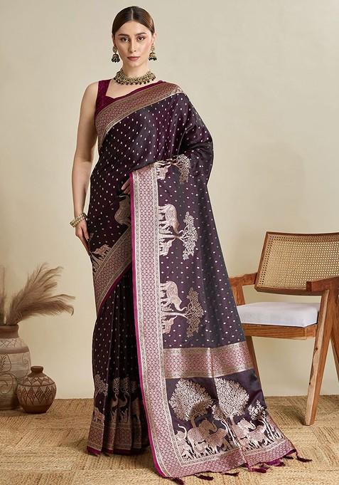 Burgundy Zari Printed Blended Saree Set