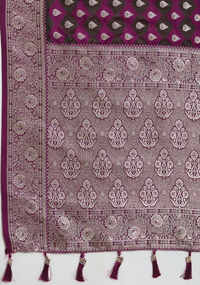 Burgundy Zari Printed Blended Saree Set - Indya