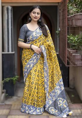 Yellow Embroidered Blended Saree Set