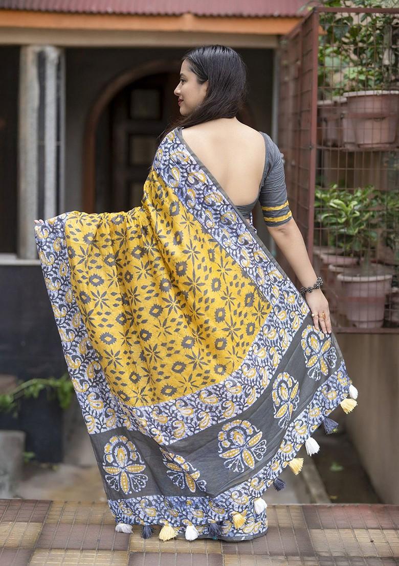 Yellow Embroidered Blended Saree Set - Indya