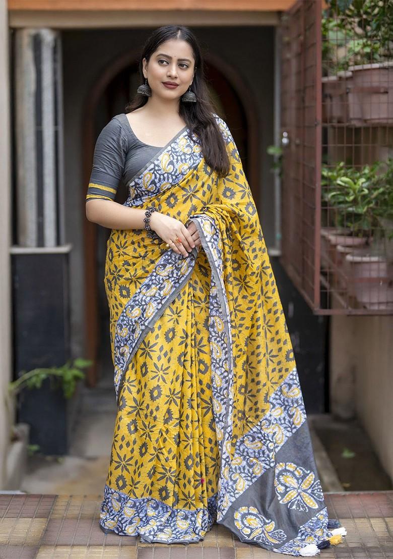 Yellow Embroidered Blended Saree Set - Indya