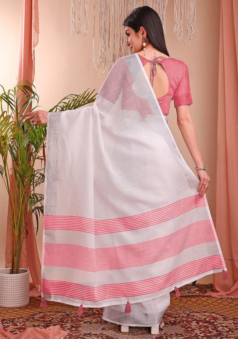 White Zari Printed Blended Saree Set - Indya