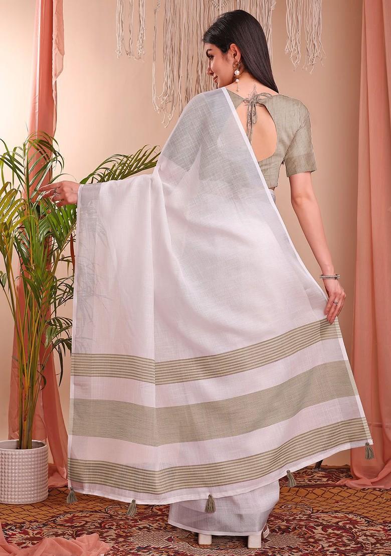 White Zari Printed Blended Saree Set - Indya