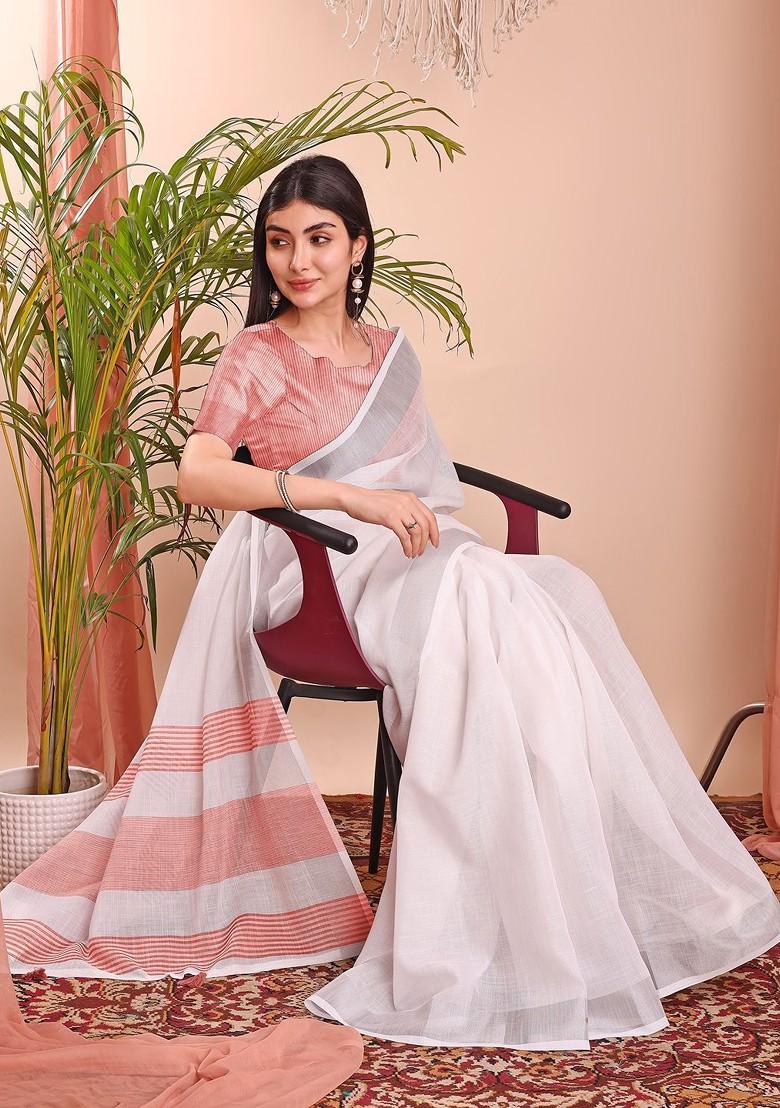 White Zari Printed Blended Saree Set - Indya