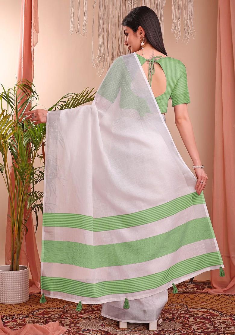 White Zari Printed Blended Saree Set - Indya