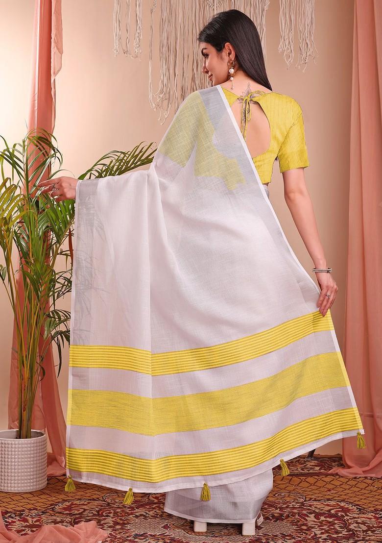 White Zari Printed Blended Saree Set - Indya