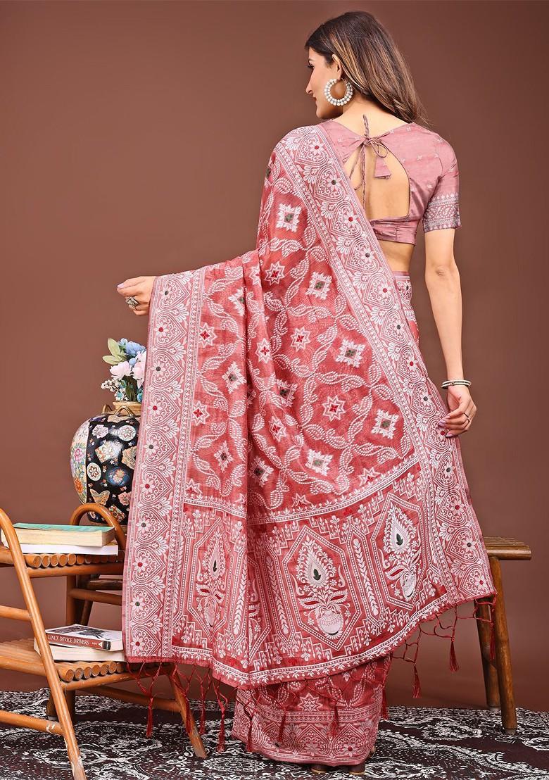 Red Zari Printed Blended Saree Set - Indya