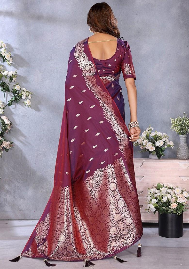 Maroon Zari Printed Blended Saree Set - Indya