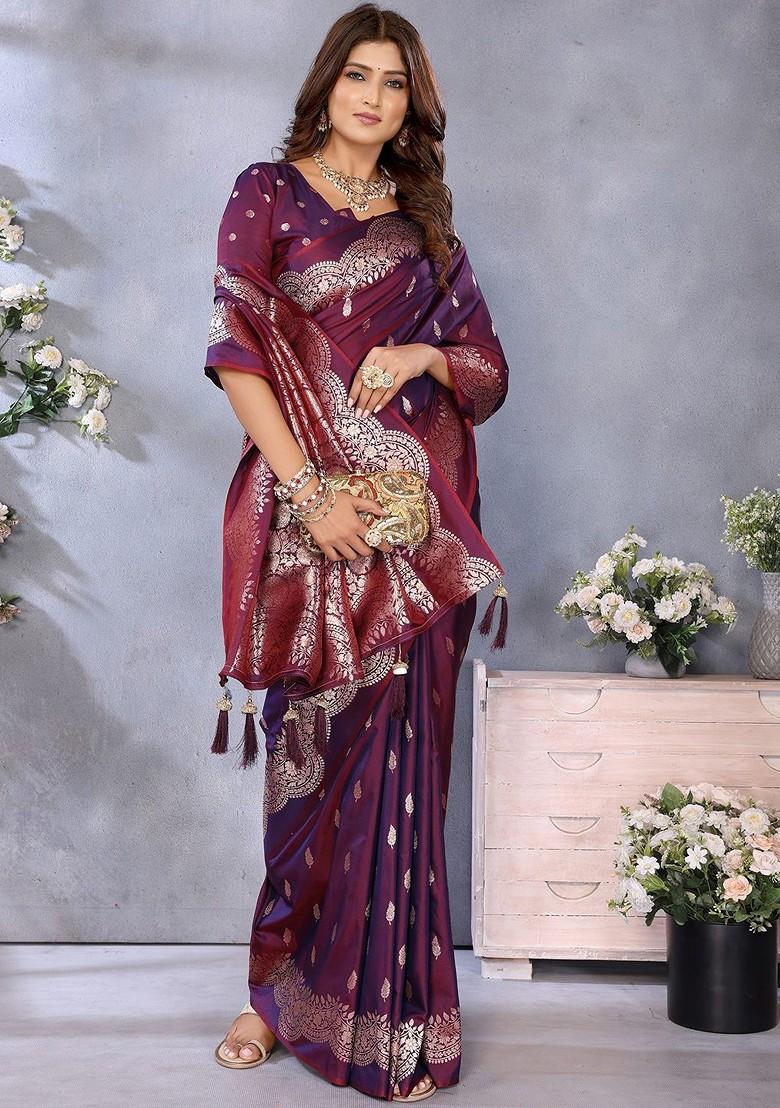 Maroon Zari Printed Blended Saree Set - Indya
