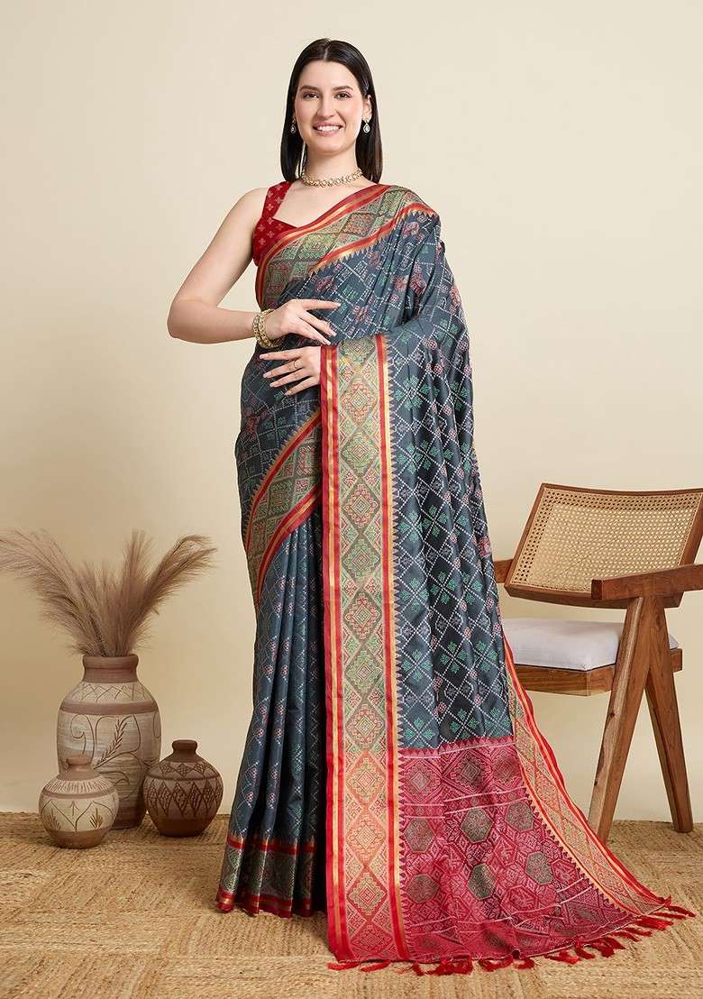 Grey Zari Printed Blended Saree Set for Diwali and Festive Wear - Indya
