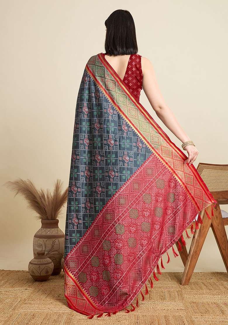 Grey Zari Printed Blended Saree Set for Diwali and Festive Wear - Indya