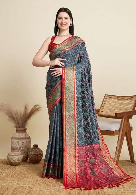 Grey Zari Printed Blended Saree Set for Diwali and Festive Wear