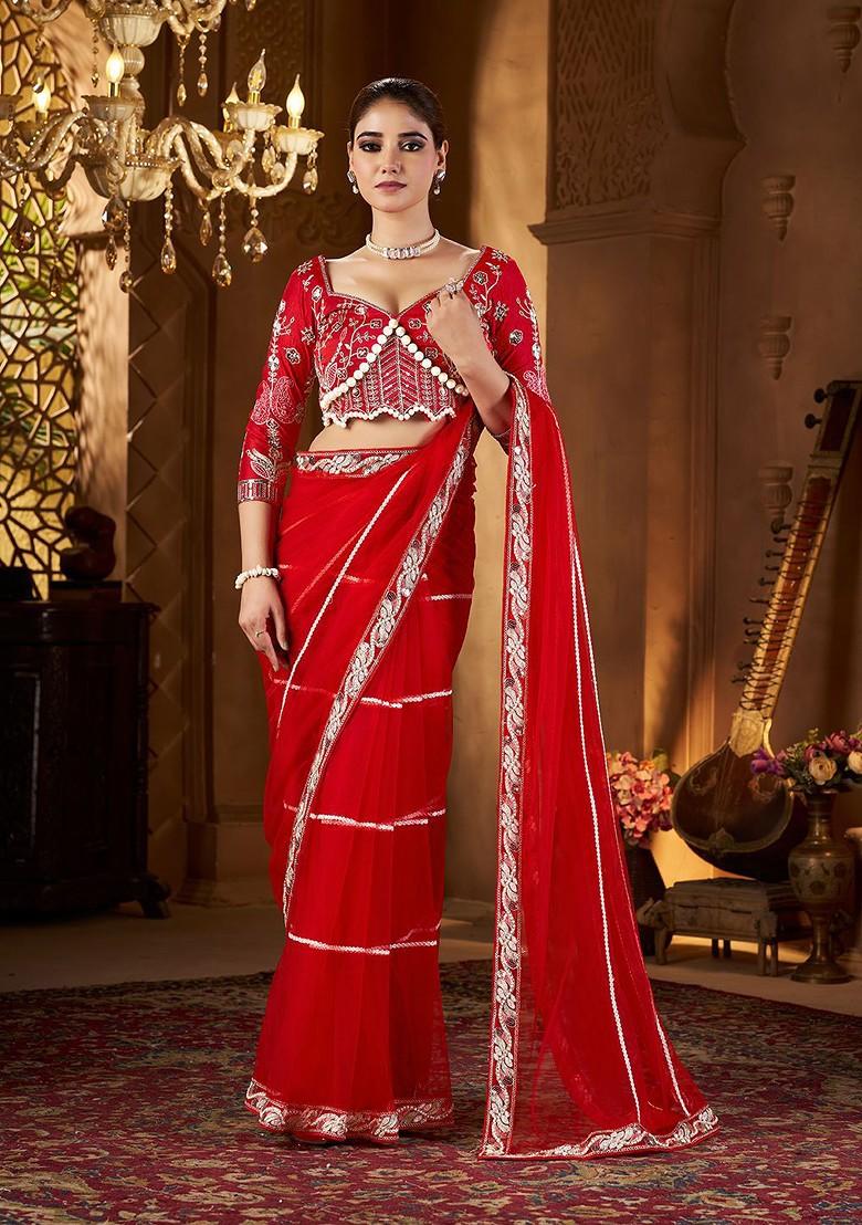 Red Embellished Blended Saree Set - Indya