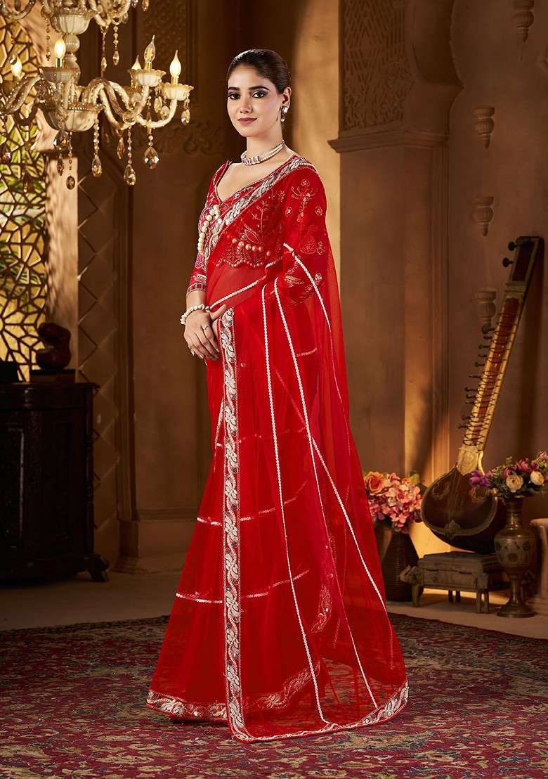 Red Embellished Blended Saree Set for Diwali | Wedding & Festive Wear - Indya