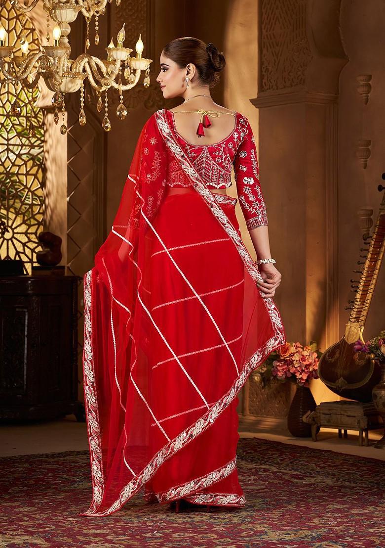 Red Embellished Blended Saree Set - Indya