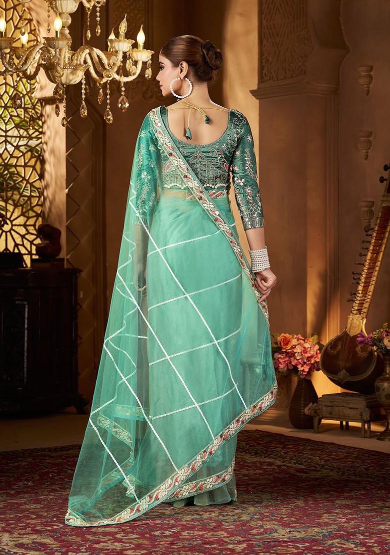 Green Embroidered Blended Saree Set - Indya