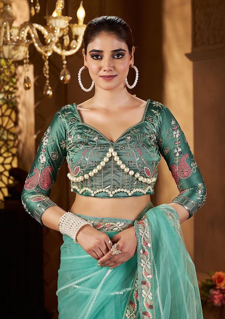 Green Embroidered Blended Saree Set - Indya