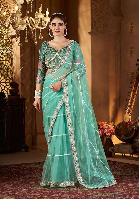Green Embroidered Blended Saree Set for Diwali and Festive Wear